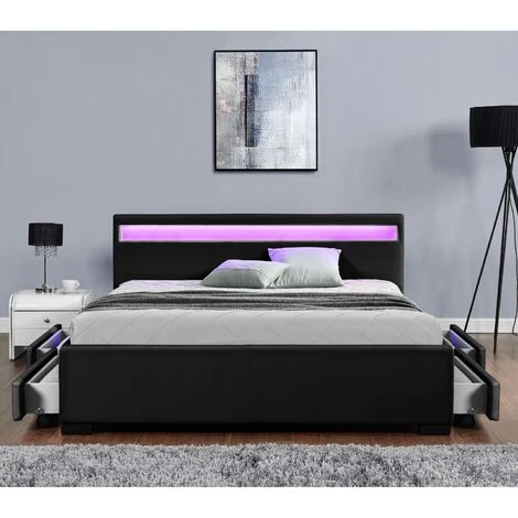 Cadre De Lit En PU Noir Avec Rangements Et LED Intégrées 140x190 Cm ENFIELD – Image 3