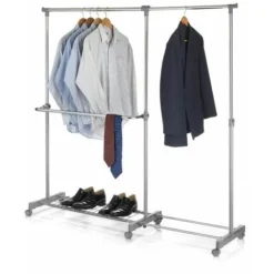 Portant à Vêtements LONDON Penderie Sur Roulettes Rangement Vestiaire Mobile Hauteur Et Longueur Réglables, Avec 1 Tablette, Chromé