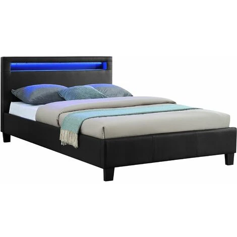Lit LED Simple 120x190 Cm Avec Sommier, Tête De Lit Confortable, Lit 1 Place Revêtement Synthétique Noir, MIRANDO