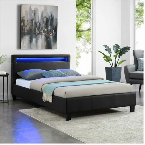 Lit LED Simple 120x190 Cm Avec Sommier, Tête De Lit Confortable, Lit 1 Place Revêtement Synthétique Noir, MIRANDO – Image 2