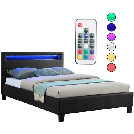 Lit LED Simple 120x190 Cm Avec Sommier, Tête De Lit Confortable, Lit 1 Place Revêtement Synthétique Noir, MIRANDO – Image 3