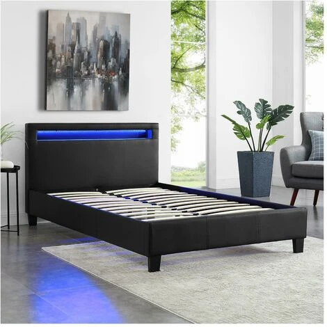 Lit LED Simple 120x190 Cm Avec Sommier, Tête De Lit Confortable, Lit 1 Place Revêtement Synthétique Noir, MIRANDO – Image 4