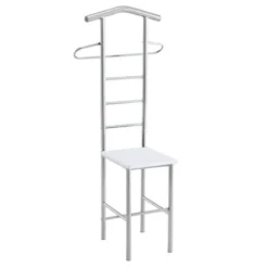 Valet De Chambre JIVO Chevalet De Nuit Portant Pour Vêtements, Structure En Métal Argenté Avec Tablette En MDF Décor Blanc Mat