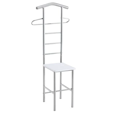 Valet De Chambre JIVO Chevalet De Nuit Portant Pour Vêtements, Structure En Métal Argenté Avec Tablette En MDF Décor Blanc Mat