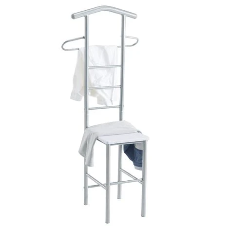 Valet De Chambre JIVO Chevalet De Nuit Portant Pour Vêtements, Structure En Métal Argenté Avec Tablette En MDF Décor Blanc Mat – Image 2