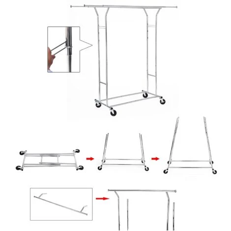 Songmics Portant Penderie à Vêtement Métallique Double Barres Extensibles Hauteur Réglable Avec Roulettes Chrome HSR12S – Image 3