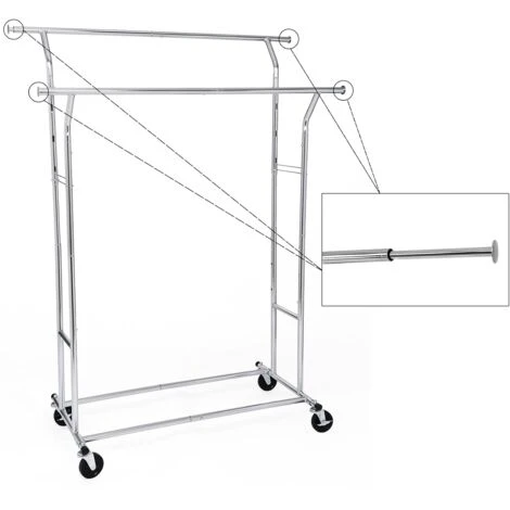 Songmics Portant Penderie à Vêtement Métallique Double Barres Extensibles Hauteur Réglable Avec Roulettes Chrome HSR12S – Image 4