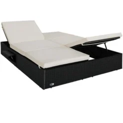 Casaria Bain De Soleil XXL 2 Personnes 116cm En Polyrotin Noir Avec Coussin Blanc Chaise Longue Réglable Extérieur