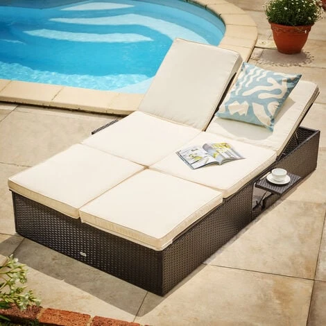 Casaria Bain De Soleil XXL 2 Personnes 116cm En Polyrotin Noir Avec Coussin Blanc Chaise Longue Réglable Extérieur – Image 2