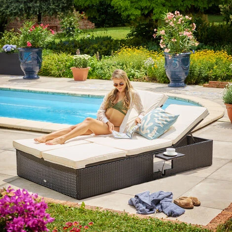 Casaria Bain De Soleil XXL 2 Personnes 116cm En Polyrotin Noir Avec Coussin Blanc Chaise Longue Réglable Extérieur – Image 5