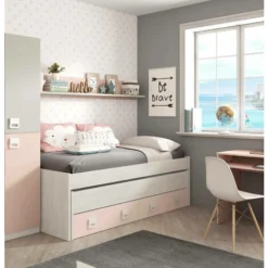 Dmora Lit à Une Place Fairfield, Cadre De Lit Pour Chambre, Lit Simple Avec Lit Gigogne Et 2 Tiroirs Et étagère Assortie, Cm 199x96h65, Blanc Et Rose, Avec Emballage Renforcé