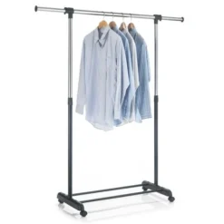 Portant à Vêtements SALA En Métal Chromé Et Noir, Penderie Simple Sur Roulettes Avec 1 Barre Extensible Hauteur Réglable