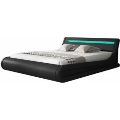 Lit Coffre Pour Matelas Lit Adulte 140x190cm Couleur Noir Avec LED Matériaux Bois Et Simili Cuir Coffre De Rangement Modèle Parisina