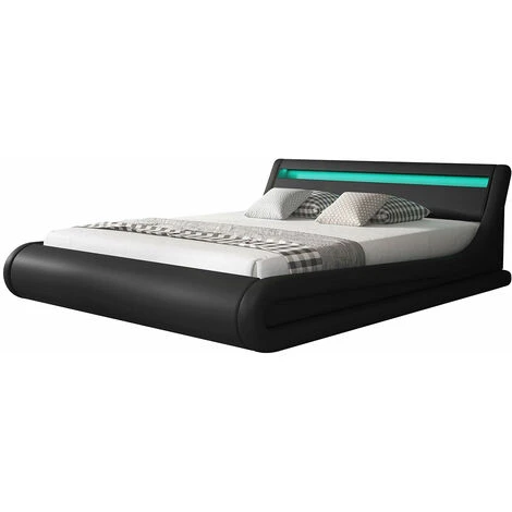 Lit Coffre Pour Matelas Lit Adulte 140x190cm Couleur Noir Avec LED Matériaux Bois Et Simili Cuir Coffre De Rangement Modèle Parisina