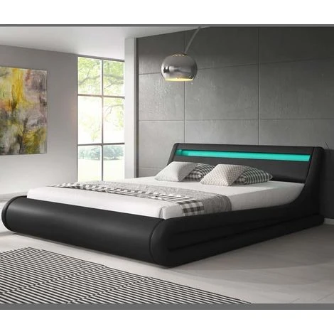 Lit Coffre Pour Matelas Lit Adulte 140x190cm Couleur Noir Avec LED Matériaux Bois Et Simili Cuir Coffre De Rangement Modèle Parisina – Image 2