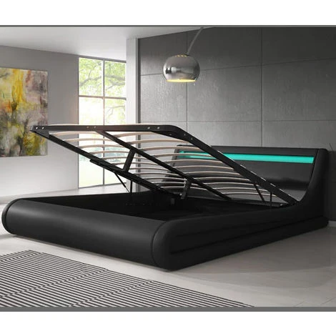 Lit Coffre Pour Matelas Lit Adulte 140x190cm Couleur Noir Avec LED Matériaux Bois Et Simili Cuir Coffre De Rangement Modèle Parisina – Image 3