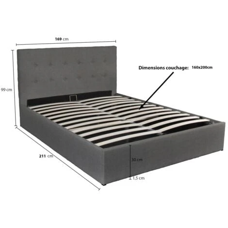 Lit Coffre PARMA 160x200 + 1 Sommier / Gris FoncĂ©/ 211x169x99 Cm â Image 3