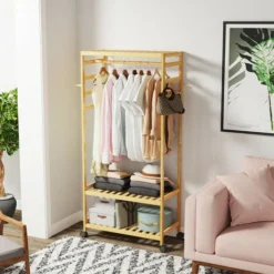 Porte-Manteau Sur Pied En Bois à Roulettes Meuble D’ Entrée Portant Amovible Pour Vêtements Chapeaux Sacs - L 169x78x41cm