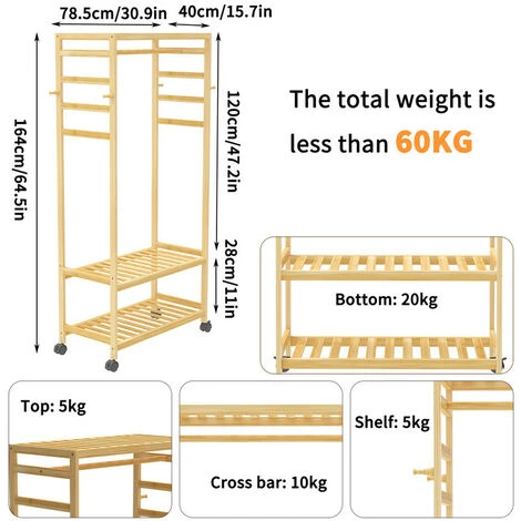 Porte-Manteau Sur Pied En Bois à Roulettes Meuble D’ Entrée Portant Amovible Pour Vêtements Chapeaux Sacs - L 169x78x41cm – Image 5