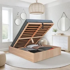 Lit Coffre BILBAO 160x200 Cm + Sommier / Chêne Blanchi/ 206x167x33