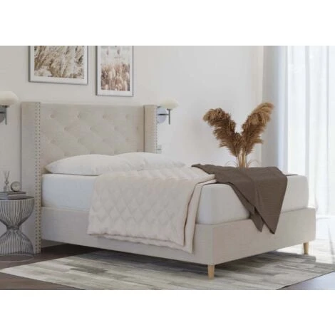 Lit Double En Tissu Capitonné Beige MARGOT 140x190 Cm