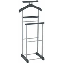 Valet De Chambre ASSAM Chevalet De Nuit Portant Pour Vêtements, Structure En Métal Laqué Argenté Et MDF Noir