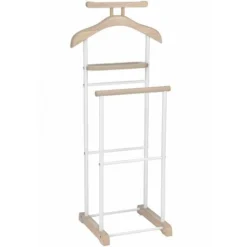 Valet De Chambre MEDINA Chevalet De Nuit Double Portant Pour Vêtements, En MDF Décor Chêne Sonoma Et Métal Laqué Blanc
