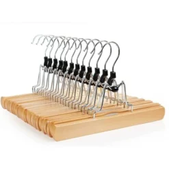 Lot De 12 Cintres Cintres-pinces En Bois Pour Pantalons Et Jupes Anti-glissement Et Crochets Chromés Rotatifs à 360° Couleur De Bois