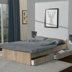 Lit KAPPA 140x190 Cm + 2 Tiroirs / Chêne Blanchi/ 195x145x59