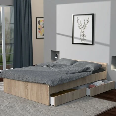 Lit KAPPA 140x190 Cm + 2 Tiroirs / Chêne Blanchi/ 195x145x59