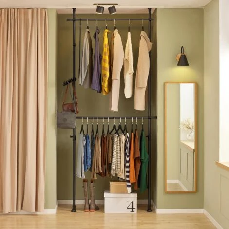 SoBuy FRG109-SCH Télescopique Garde-Robe Système Herkule, 2 Barres Portant De Vêtement Largeur (77-112cm) X Hauteur (103-278cm) (Noir) – Image 2