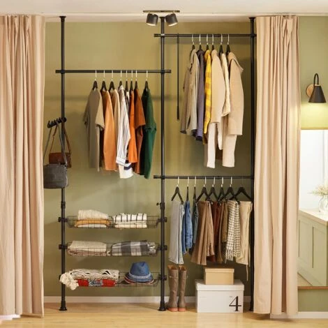 SoBuy FRG34-SCH Penderie Garde-Robe Portant De Vêtement 3 Barres 3 Paniers Largeur (160-195cm) X Hauteur (103-278cm), Télescopique Système Herkule – Image 2