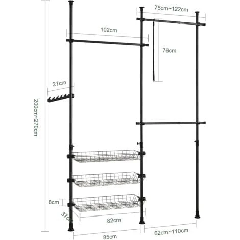 SoBuy FRG34-SCH Penderie Garde-Robe Portant De Vêtement 3 Barres 3 Paniers Largeur (160-195cm) X Hauteur (103-278cm), Télescopique Système Herkule – Image 3