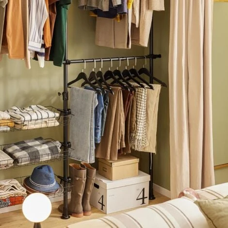 SoBuy FRG34-SCH Penderie Garde-Robe Portant De Vêtement 3 Barres 3 Paniers Largeur (160-195cm) X Hauteur (103-278cm), Télescopique Système Herkule – Image 4