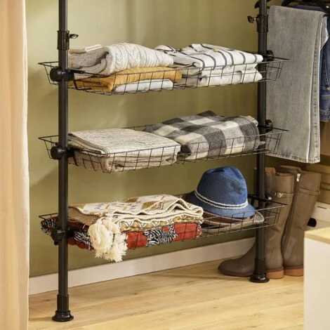 SoBuy FRG34-SCH Penderie Garde-Robe Portant De Vêtement 3 Barres 3 Paniers Largeur (160-195cm) X Hauteur (103-278cm), Télescopique Système Herkule – Image 5