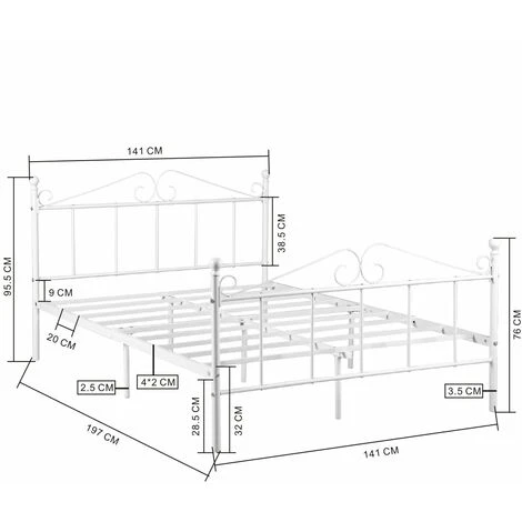 Lit Adulte Contemporain En Métal-Double 2 Place Cadre De Structure Métallique élégant 140 X 190 Cm-Blanc – Image 5