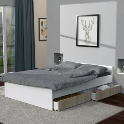 Lit KAPPA 140x190 Cm + 2 Tiroirs / Blanc & Chêne Blanchi/ 195x145x59 Cm