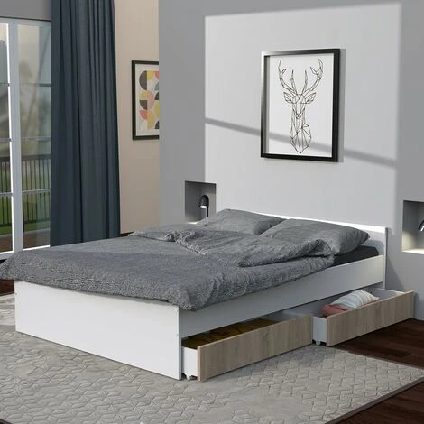 Lit KAPPA 140x190 Cm + 2 Tiroirs / Blanc & Chêne Blanchi/ 195x145x59 Cm