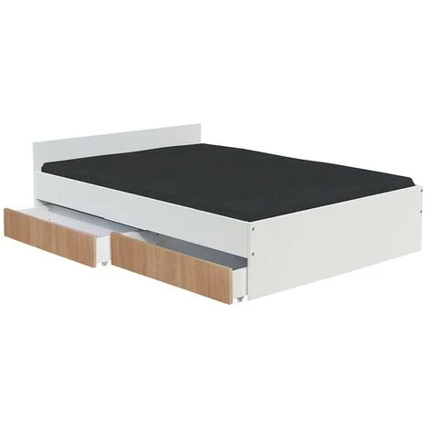 Lit KAPPA 140x190 Cm + 2 Tiroirs / Blanc & Chêne Blanchi/ 195x145x59 Cm – Image 2