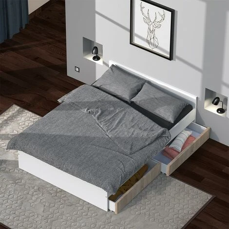 Lit KAPPA 140x190 Cm + 2 Tiroirs / Blanc & Chêne Blanchi/ 195x145x59 Cm – Image 3