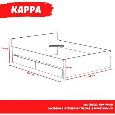 Lit KAPPA 140x190 Cm + 2 Tiroirs / Blanc & Chêne Blanchi/ 195x145x59 Cm – Image 4