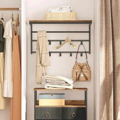 Porte-Manteaux Mural, Étagère De Rangement, Étagère Murale Avec 10 Crochets, Vestiaire, Étagère Suspendue Avec Tringle, 80 X 30 X 42 Cm, Pour Entrée, Salon, HOOBRO EBF12YM01 – Image 2