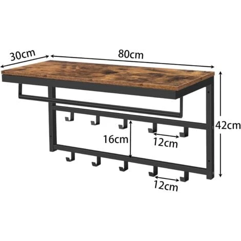 Porte-Manteaux Mural, Étagère De Rangement, Étagère Murale Avec 10 Crochets, Vestiaire, Étagère Suspendue Avec Tringle, 80 X 30 X 42 Cm, Pour Entrée, Salon, HOOBRO EBF12YM01 – Image 4