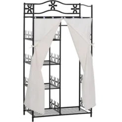 HOMCOM Armoire Penderie Multi-rangement - 5 étagères - Dim. 84L X 42l X 158,5H Cm - Métal Noir Motif Fleurs 2 Rideaux Blanc