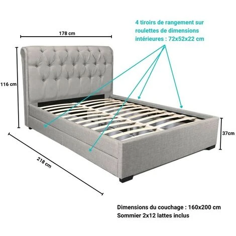 Lit CHELSEA 160x200 + 4 Tiroirs + Sommier / Gris Clair/ 218x178x116cm – Image 4