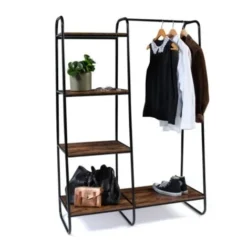 Dressing PAOLO Penderie Et étagère Bois Vieilli Et Métal