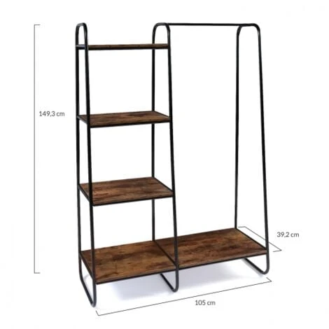 Dressing PAOLO Penderie Et étagère Bois Vieilli Et Métal – Image 4