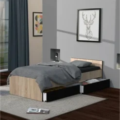 Lit KAPPA 90x190 + 2 Tiroirs / Noir & Chêne Blanchi/ L194xl94xH59