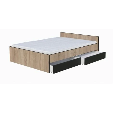 Lit KAPPA 90x190 + 2 Tiroirs / Noir & Chêne Blanchi/ L194xl94xH59 – Image 2