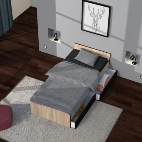 Lit KAPPA 90x190 + 2 Tiroirs / Noir & Chêne Blanchi/ L194xl94xH59 – Image 3